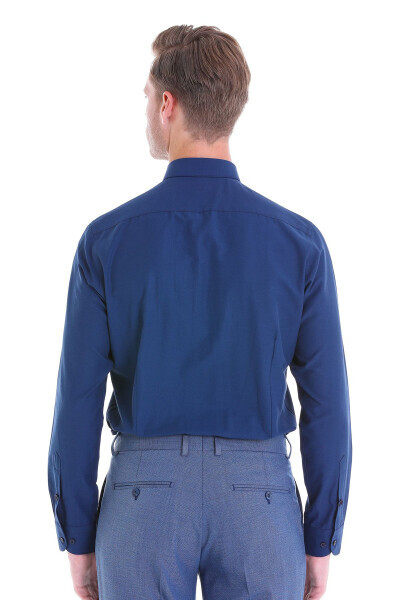 Navy Slim Fit Plain Cotton Slim Collar Long Sleeve - 6
