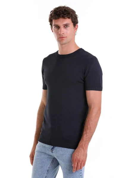 Navy Slim Fit Plain Crew Neck Rayon Knit Tee - 3