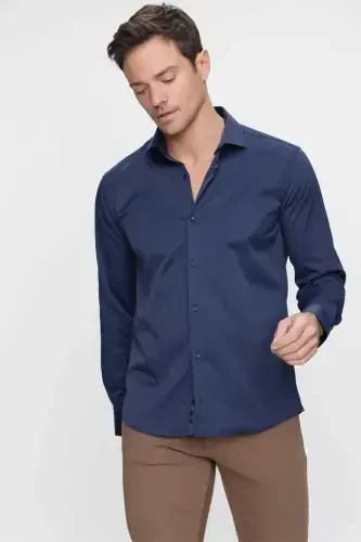 Navy Slim Fit Plain Regular Collar Easy Iron GIFT BOXED Long Sleeve Men's Shirt - 3