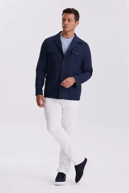 Navy Slim Fit Pocket Linen Cotton Spring/Autumn Safari Jacket - 1