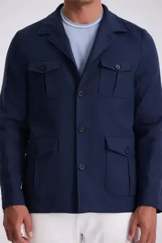 Navy Slim Fit Pocket Linen Cotton Spring/Autumn Safari Jacket - 3
