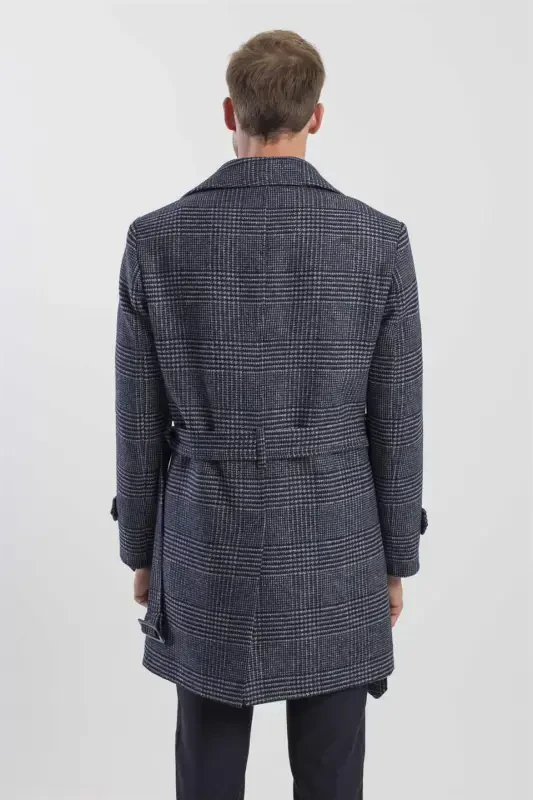 Navy Slim Fit Sailor Collar Checkered Wool Coat - 4