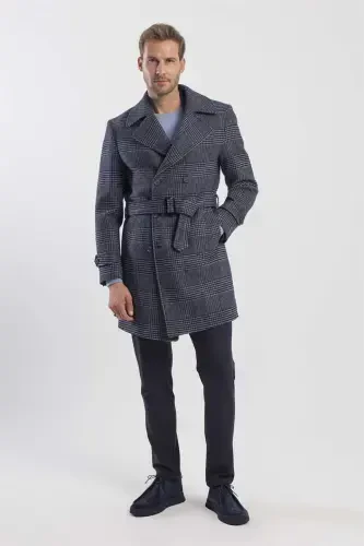 Navy Slim Fit Sailor Collar Plaid Wool Coat 