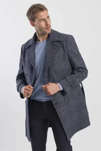 Navy Slim Fit Sailor Collar Plaid Wool Coat - 3