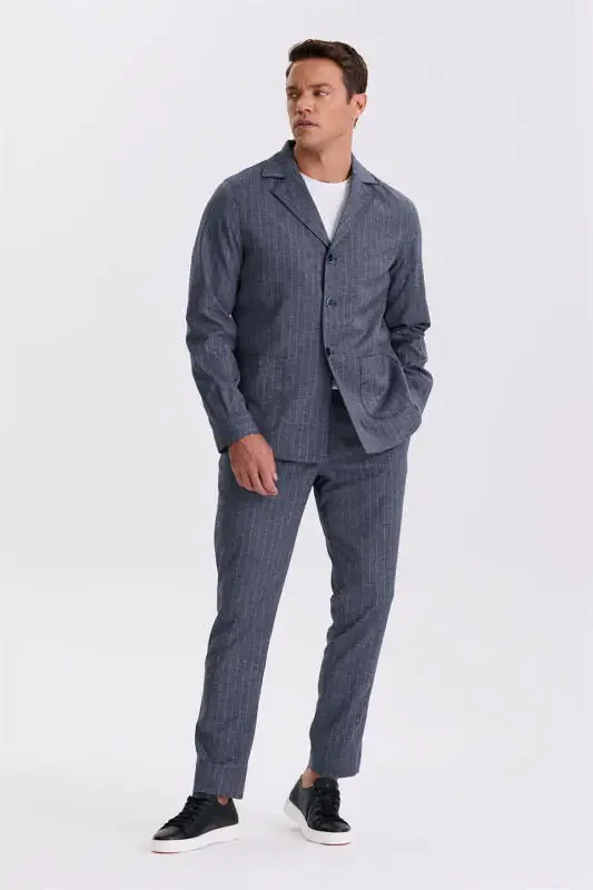 Navy Slim Fit Shawl Collar Linen Blend Double Vent Striped Suit - 1