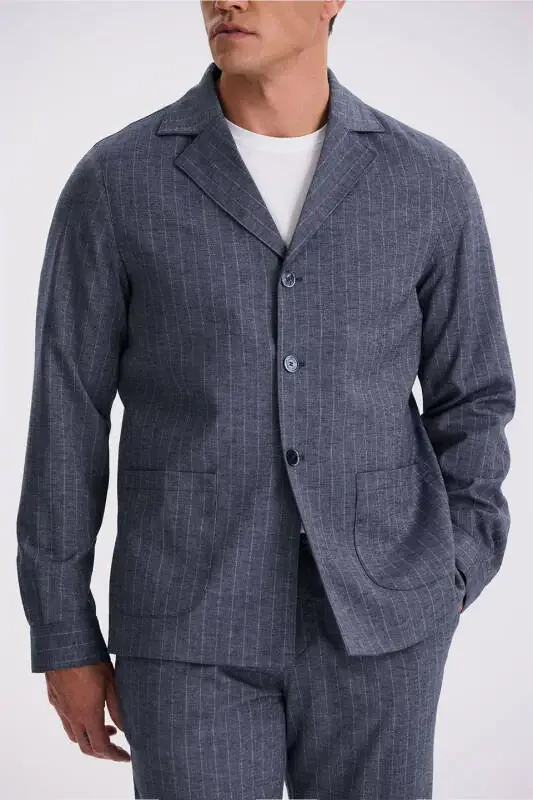 Navy Slim Fit Shawl Collar Linen Blend Double Vent Striped Suit - 3