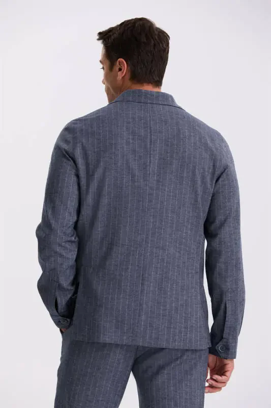 Navy Slim Fit Shawl Collar Linen Blend Double Vent Striped Suit - 4