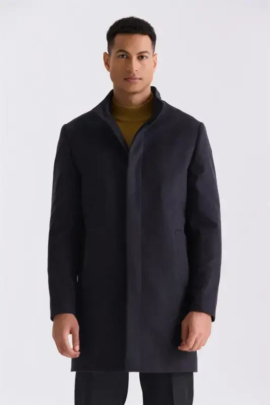 Navy Slim Fit Stand Collar Herringbone Pattern Wool Blazer - 1