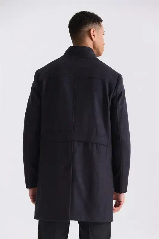 Navy Slim Fit Stand Collar Herringbone Pattern Wool Blazer - 4