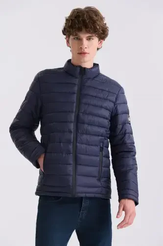 Navy Slim Fit Stand Collar Puffer Jacket - 1