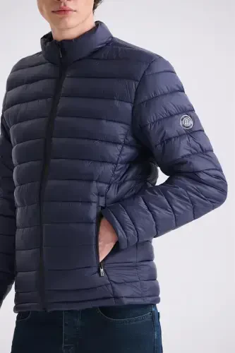 Navy Slim Fit Stand Collar Puffer Jacket - 3