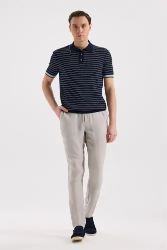 Navy Slim Fit Striped Rayon Polo Collar T-Shirt - JAKAMEN (1)