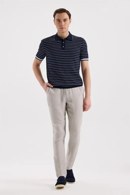 Navy Slim Fit Striped Rayon Polo Collar T-Shirt - 2