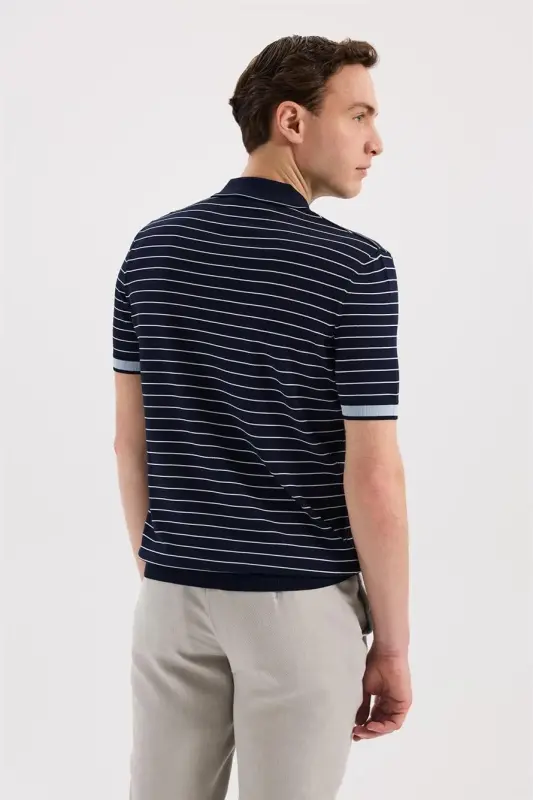 Navy Slim Fit Striped Rayon Polo Collar T-Shirt - 4
