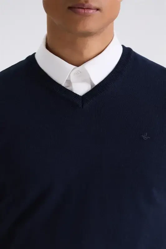 Navy Slim Fit V-Neck Knit Sweater - 3