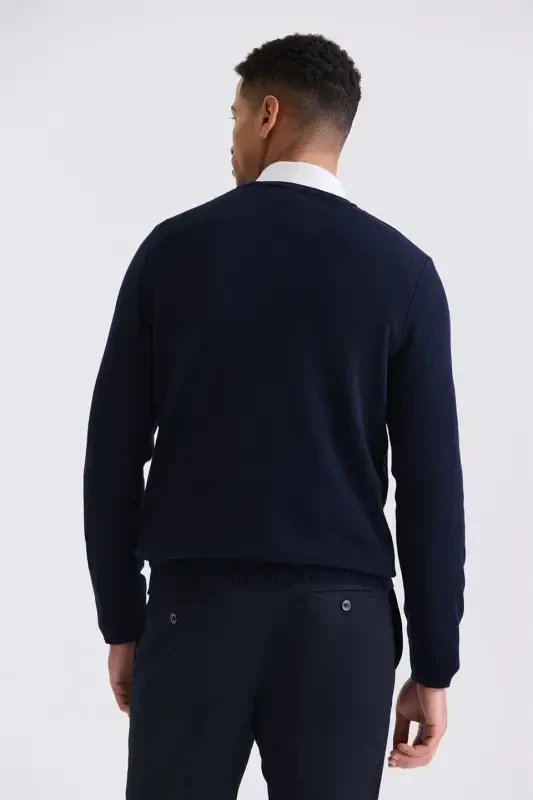 Navy Slim Fit V-Neck Knit Sweater - 4