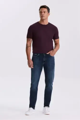 Navy Slim Fit Washed Distressed Cotton Tapered Denim Jeans - JAKAMEN (1)