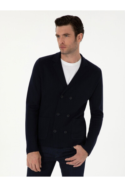 Navy Slim Fit Wool Blend Wrap Cardigan - CACHAREL