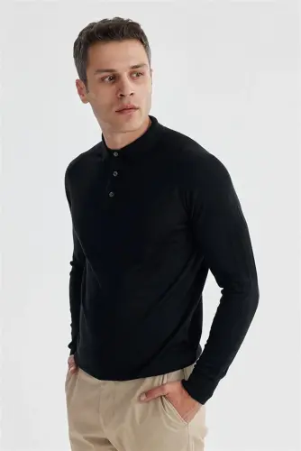 Navy Slim Fit Wool Patterned Polo Neck Sweater - 3