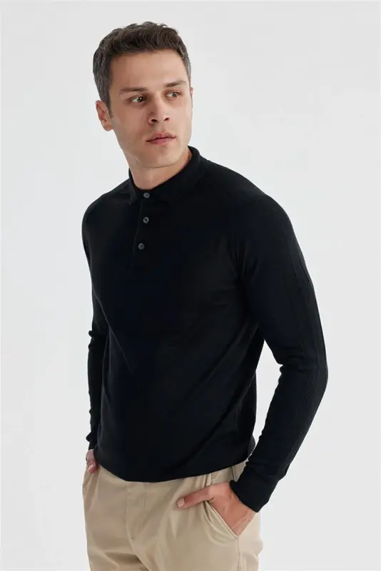 Navy Slim Fit Wool Patterned Polo Neck Sweater - 3