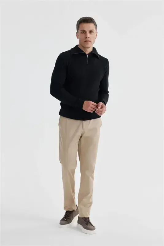 Navy Slim Fit Wool Zip Neck Jumper - Modazone