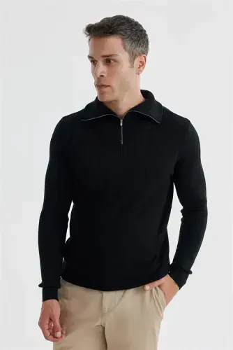 Navy Slim Fit Wool Zip Neck Jumper - Modazone (1)