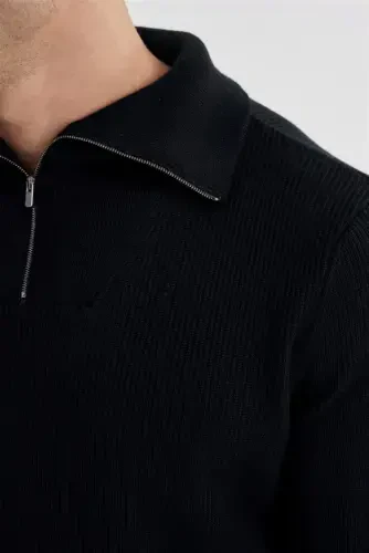 Navy Slim Fit Wool Zip Neck Jumper - 3