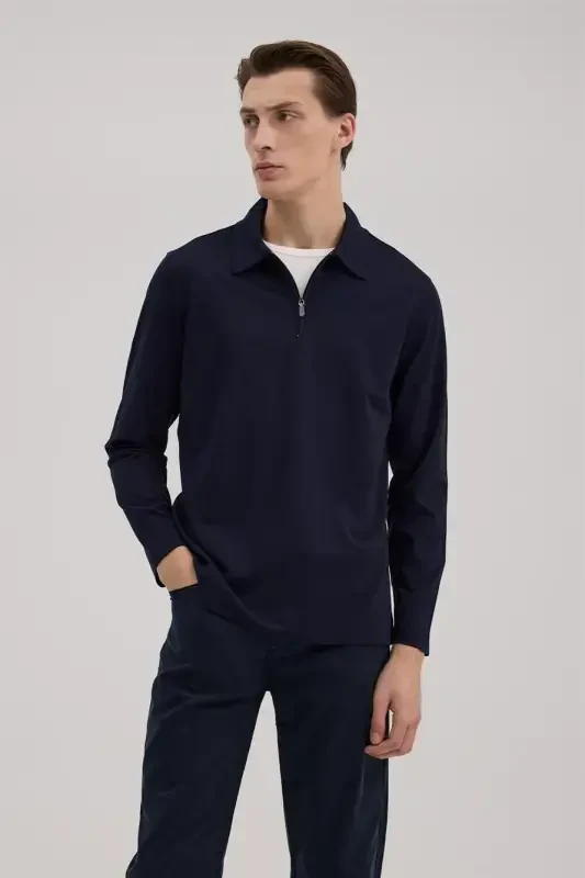 Navy Slim Fit Zippered Polo Neck Sweatshirt - 2