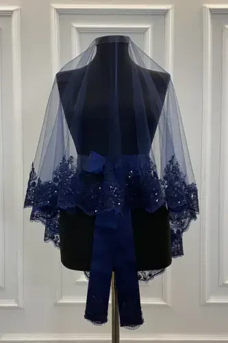 Navy Sparkling Guipure Henna Veil Set, Bridal Veil Set-Navy - ZEYMERADE (1)