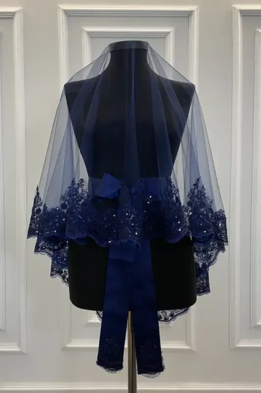 Navy Sparkling Guipure Henna Veil Set, Bridal Veil Set-Navy - 2