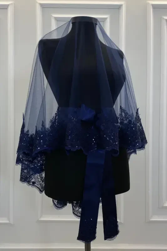 Navy Sparkling Guipure Henna Veil Set, Bridal Veil Set-Navy - 3