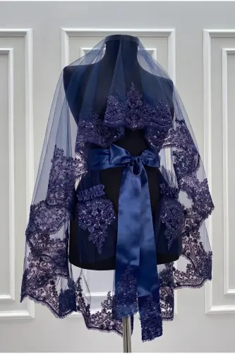 Navy Sparkling Guipure Henna Veil Set, Bridal Veil Set-Navy - 3