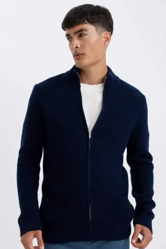 Navy Standard Fit Regular Crewneck Half Zip Waffle Knit Jumper Navy - 1