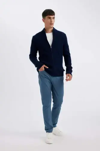 Navy Standard Fit Regular Crewneck Half Zip Waffle Knit Jumper Navy - DEFACTO (1)