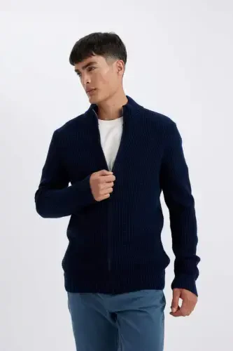 Navy Standard Fit Regular Crewneck Half Zip Waffle Knit Jumper Navy - 3