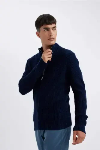 Navy Standard Fit Regular Crewneck Half Zip Waffle Knit Jumper Navy - 4