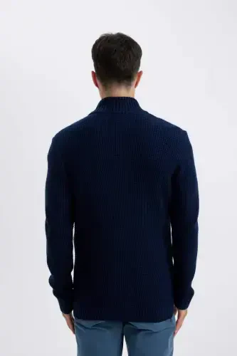 Navy Standard Fit Regular Crewneck Half Zip Waffle Knit Jumper Navy - 5