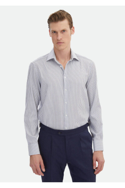 Navy Striped Regular Fit Woven Classic Cotton Blend Shirt - 1