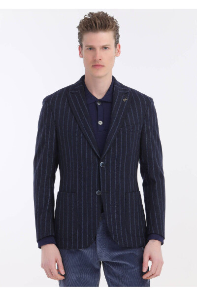 Navy Striped Shirt Shoulder Slim Fit Wool Blend Knit Blazer - 1