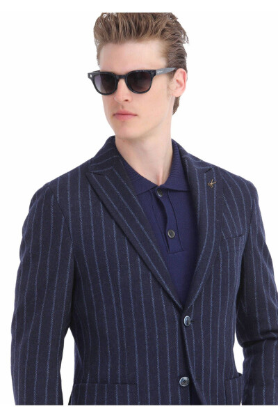 Navy Striped Shirt Shoulder Slim Fit Wool Blend Knit Blazer - 3