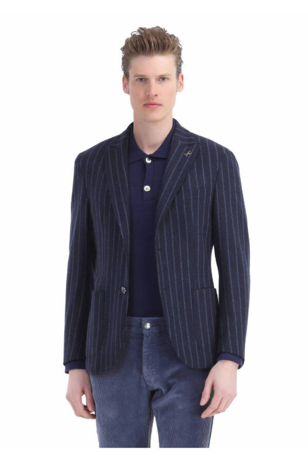 Navy Striped Shirt Shoulder Slim Fit Wool Blend Knit Blazer - 4