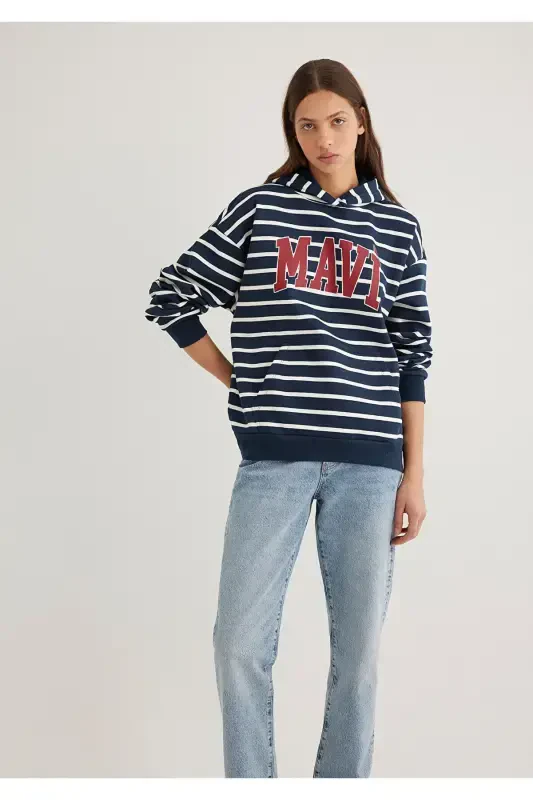 Navy Striped Sweatshirt with Logo Print 1s10118-81518 - MAVI