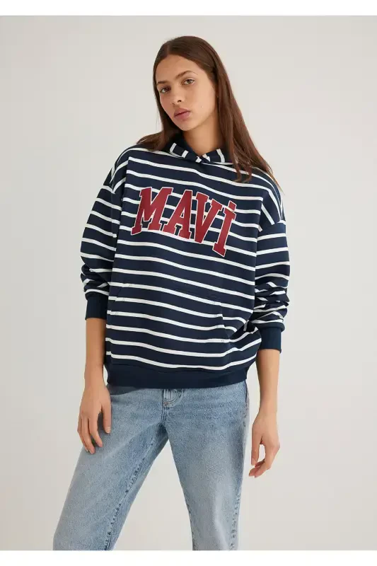 Navy Striped Sweatshirt with Logo Print 1s10118-81518 - 2