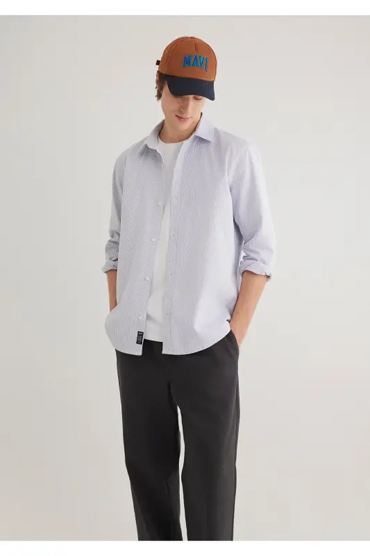 Navy Striped White Shirt Regular Fit - 2