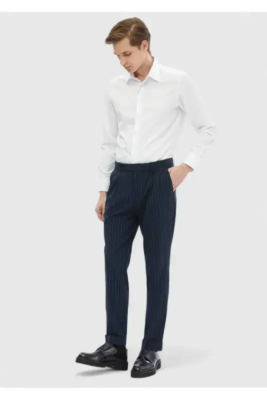 Navy Striped Woven Carrot Fit Classic Trousers - RAMSEY