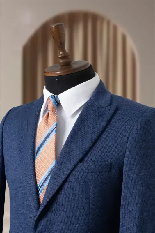 Navy Textured Lined Italian Style Slim Fit Classic Blazer Men's Jacket-Navy Textured - 1