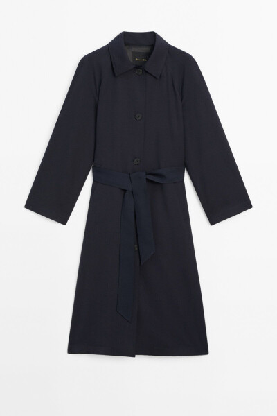 Navy trench coat with belt and pockets. - 5