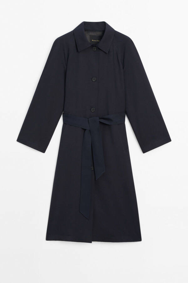 Navy trench coat with belt and pockets. - 5