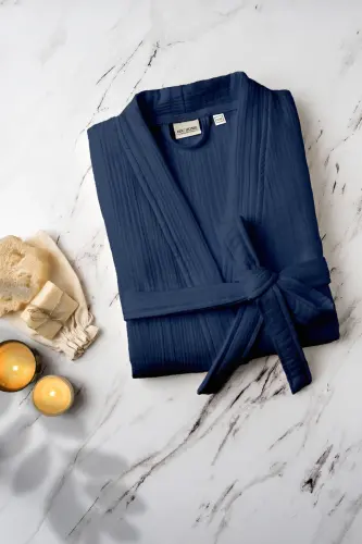 Navy Unisex Kimono Muslin Bathrobe 100% Cotton & Highly Absorbent Quality Bathrobe-Navy - DENIZLI CONCEPT (1)