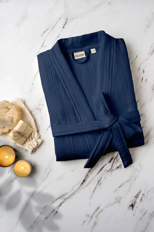 Navy Unisex Kimono Muslin Bathrobe 100% Cotton & Highly Absorbent Quality Bathrobe-Navy - 2
